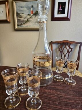Mid-century Gold-Trim Glass Decanter Set - 5 Liqueur Glasses